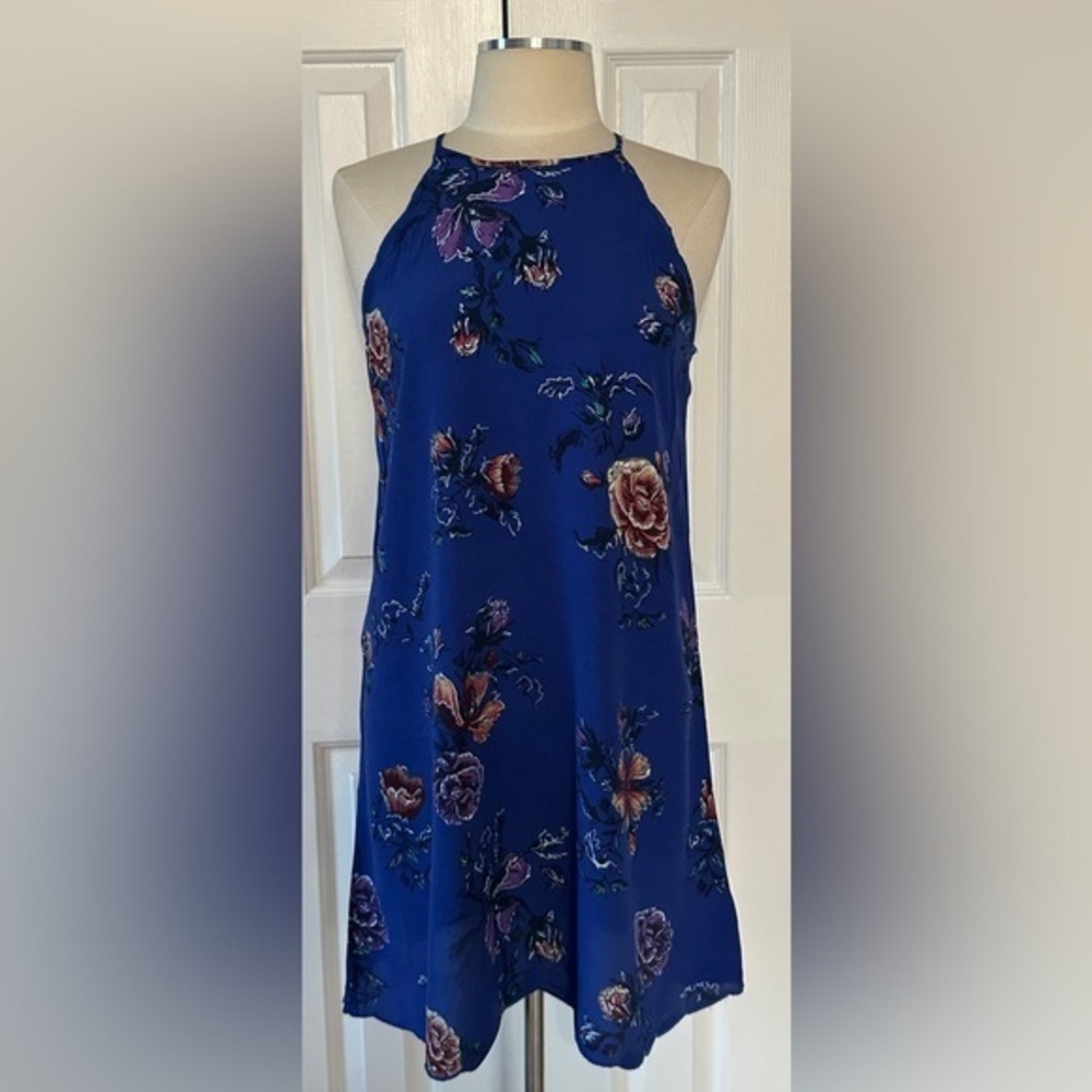 Xhilaration Blue Floral Halter Dress Cutout Back Rayon Size M NWT